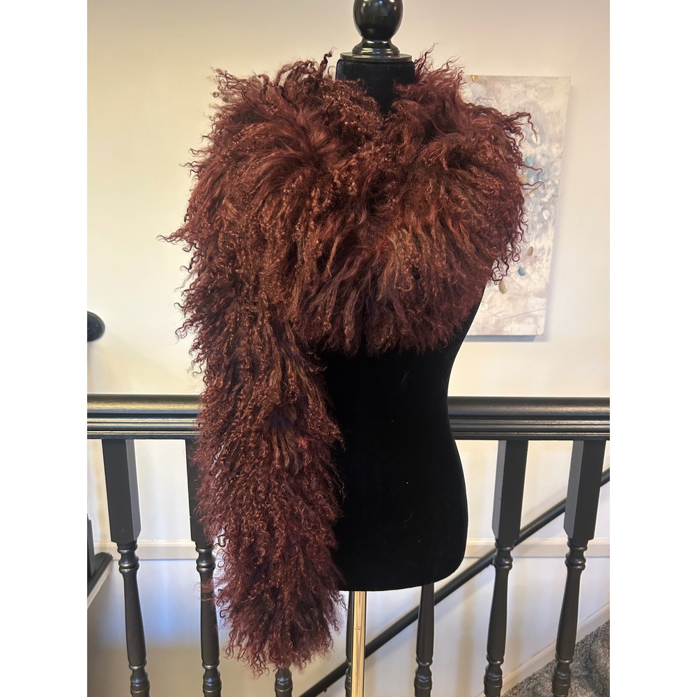 Mongolian Lamb Fur Scarf Burgundy Wine Curly Long Hair Tibetan Fur Stole 45 Inch